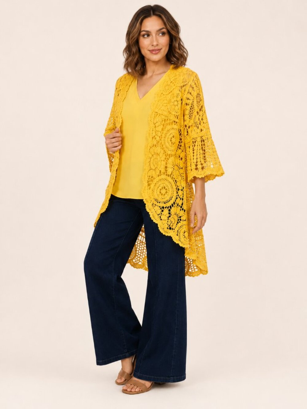 Nina Leonard Yellow Crochet Bell Sleeve High Low Cardigan NWOT